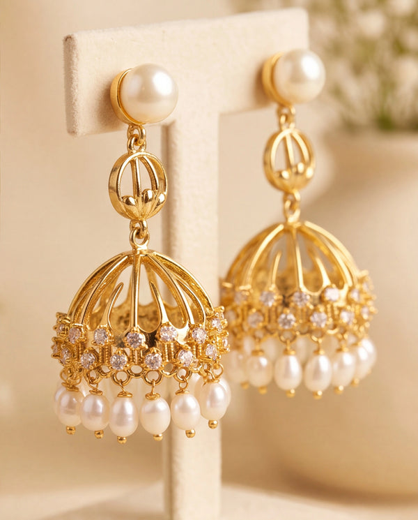 Contemporary Openwork Dome Pearl Jhumka Statement Earrings