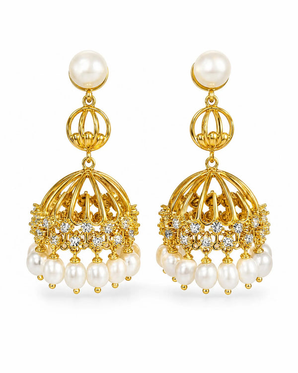Contemporary Openwork Dome Pearl Jhumka Statement Earrings