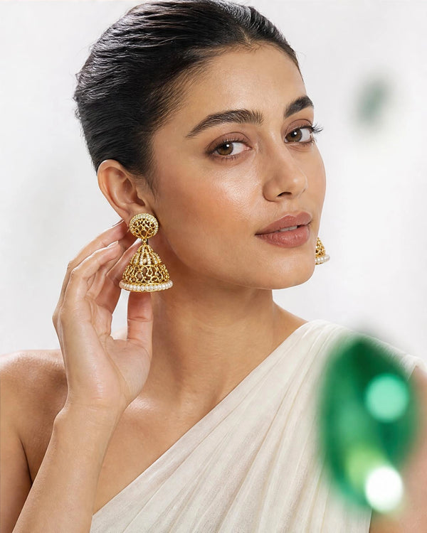 Gold-Plated Filigree Jhumka Earrings with Cubic Zirconia