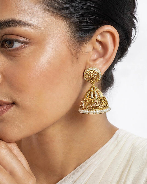 Gold-Plated Filigree Jhumka Earrings with Cubic Zirconia