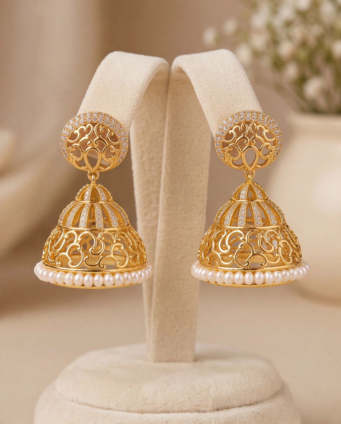 Gold-Plated Filigree Jhumka Earrings with Cubic Zirconia