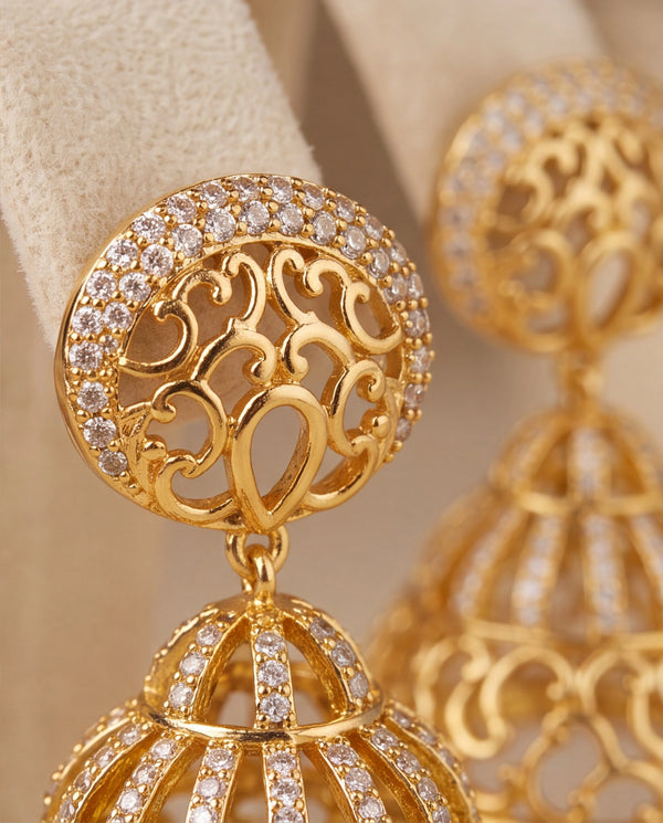 Gold-Plated Filigree Jhumka Earrings with Cubic Zirconia