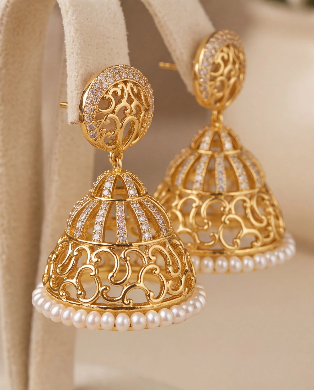 Gold-Plated Filigree Jhumka Earrings with Cubic Zirconia