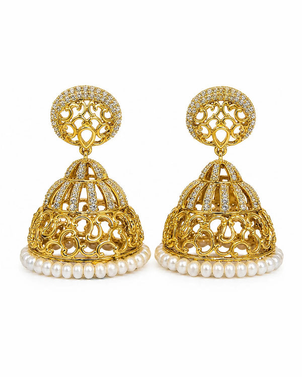 Gold-Plated Filigree Jhumka Earrings with Cubic Zirconia