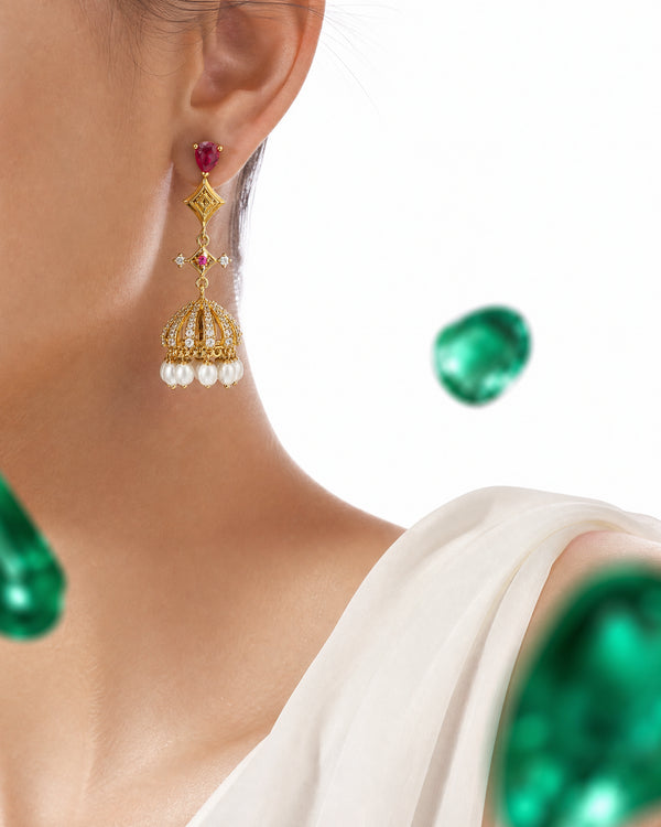 Modern Geometric Diamond-Link Ruby & Pearl Jhumka Drop Earrings