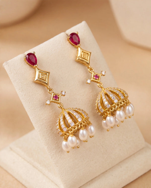 Modern Geometric Diamond-Link Ruby & Pearl Jhumka Drop Earrings