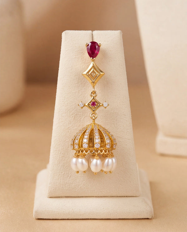 Modern Geometric Diamond-Link Ruby & Pearl Jhumka Drop Earrings