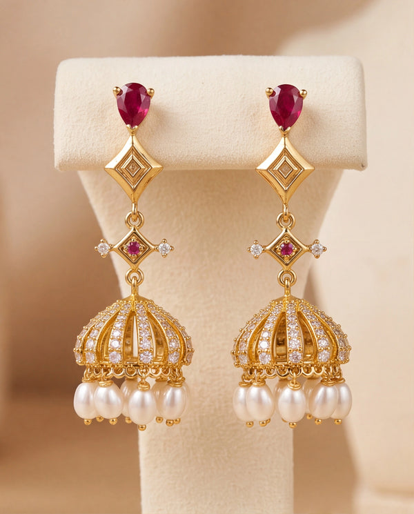 Modern Geometric Diamond-Link Ruby & Pearl Jhumka Drop Earrings