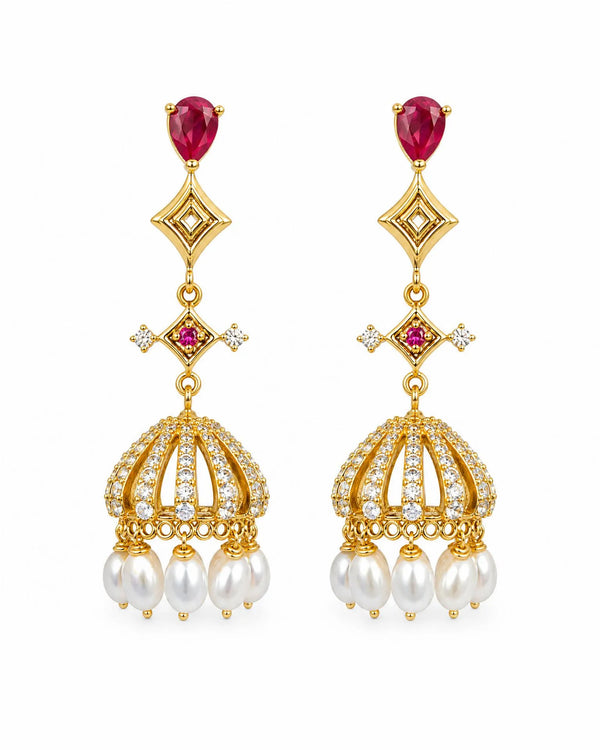 Modern Geometric Diamond-Link Ruby & Pearl Jhumka Drop Earrings