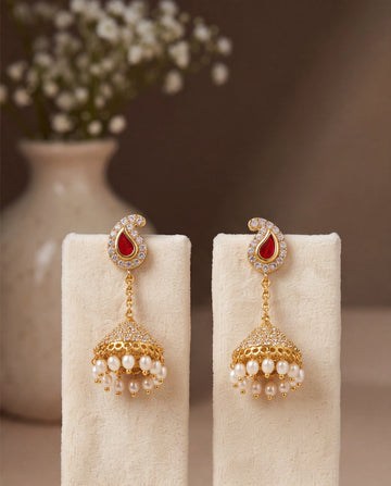 Royal Kalka Motif Red Enamel & Pavé CZ Pearl Hanging Jhumka Earrings