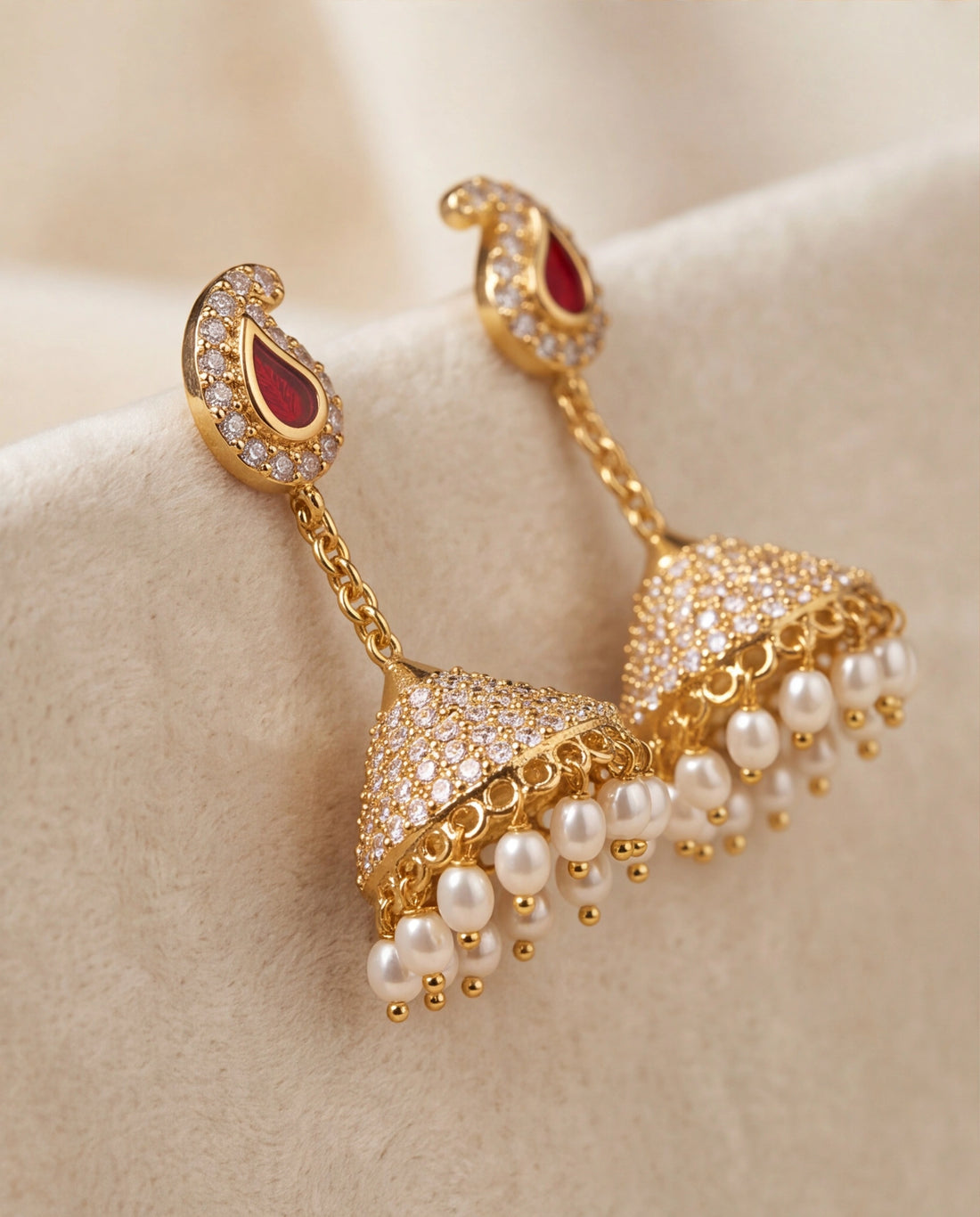 Royal Kalka Motif Red Enamel & Pavé CZ Pearl Hanging Jhumka Earrings