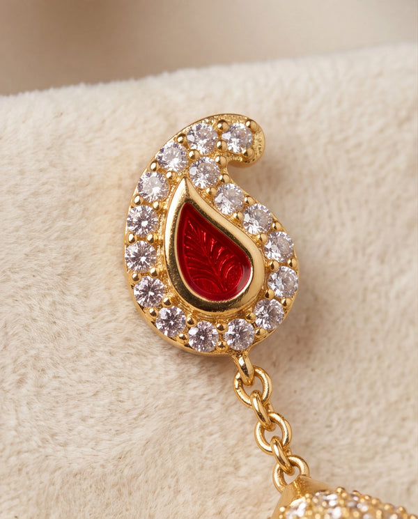 Royal Kalka Motif Red Enamel & Pavé CZ Pearl Hanging Jhumka Earrings