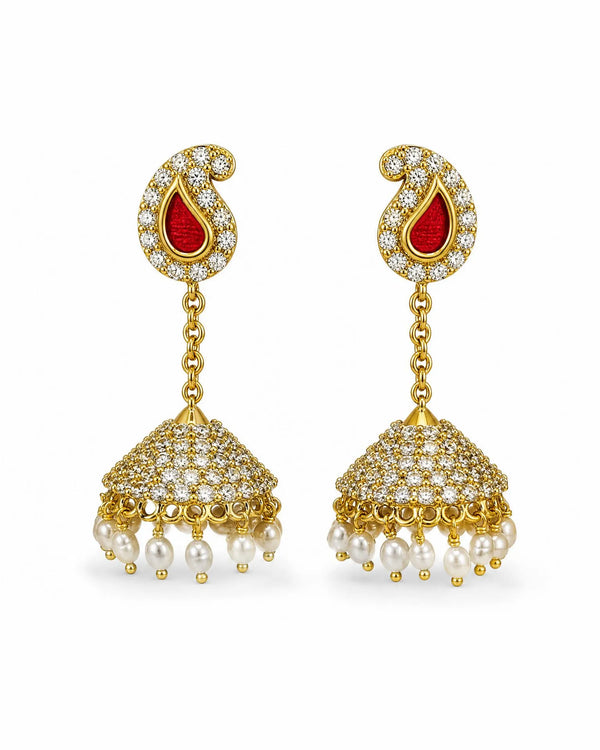 Royal Kalka Motif Red Enamel & Pavé CZ Pearl Hanging Jhumka Earrings