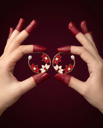 Gold-Tone Red & White Floral Enamel Open Hoop Earrings