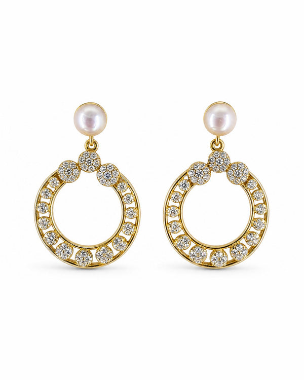 Elegant Gold Plated Pearl Circle Drop CZ Earrings