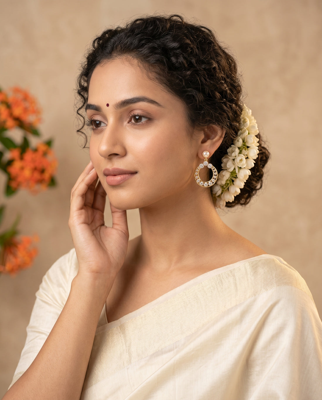 Elegant Gold Plated Pearl Circle Drop CZ Earrings