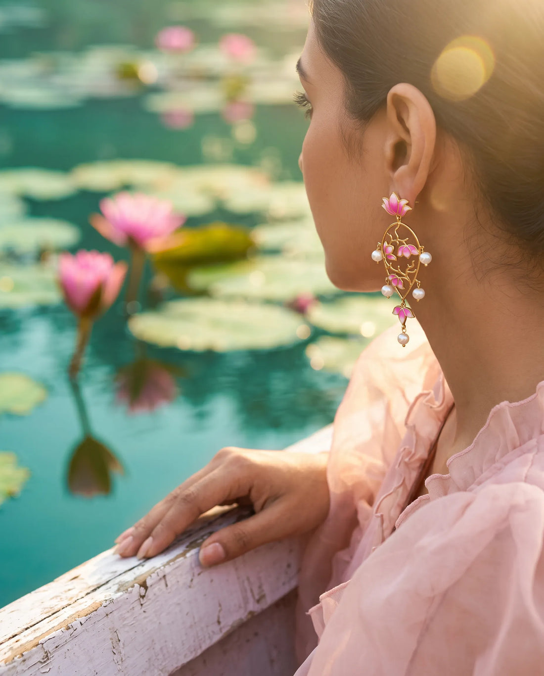 Pink Enamel Lotus Filigree Pearl Statement Earrings