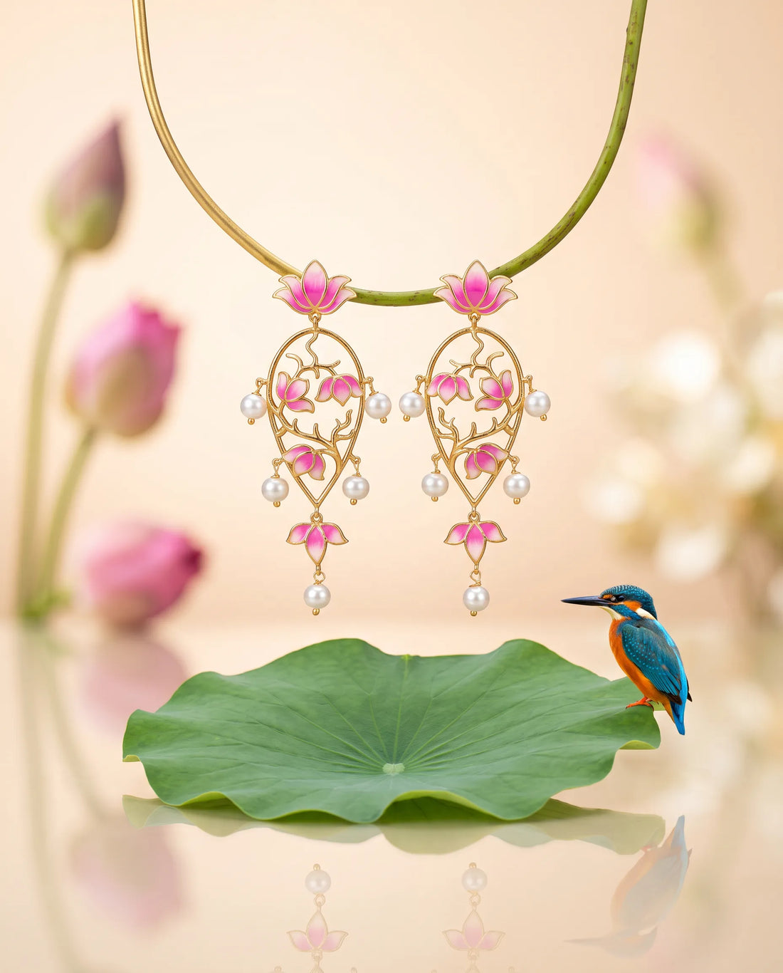 Pink Enamel Lotus Filigree Pearl Statement Earrings