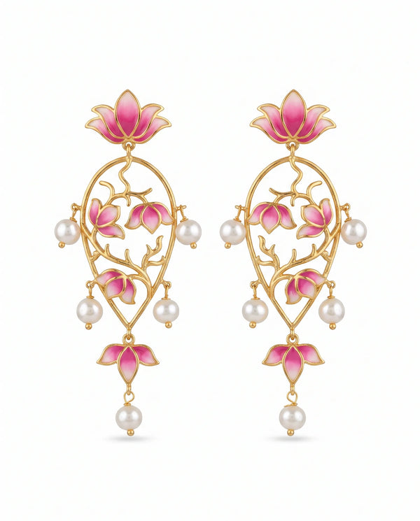 Pink Enamel Lotus Filigree Pearl Statement Earrings