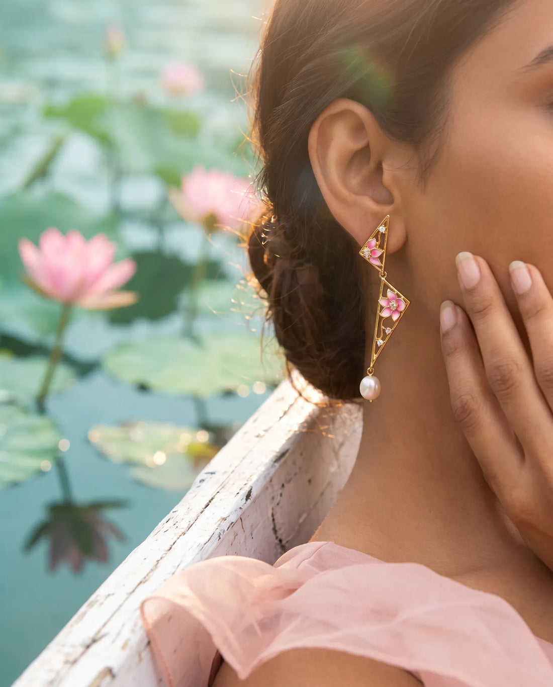 Pink Enamel Geometric Floral CZ & Pearl Dangle Earrings