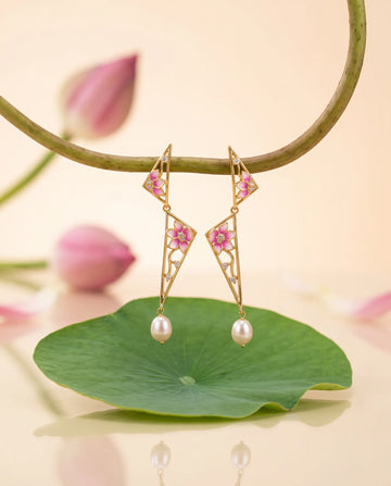 Pink Enamel Geometric Floral CZ & Pearl Dangle Earrings