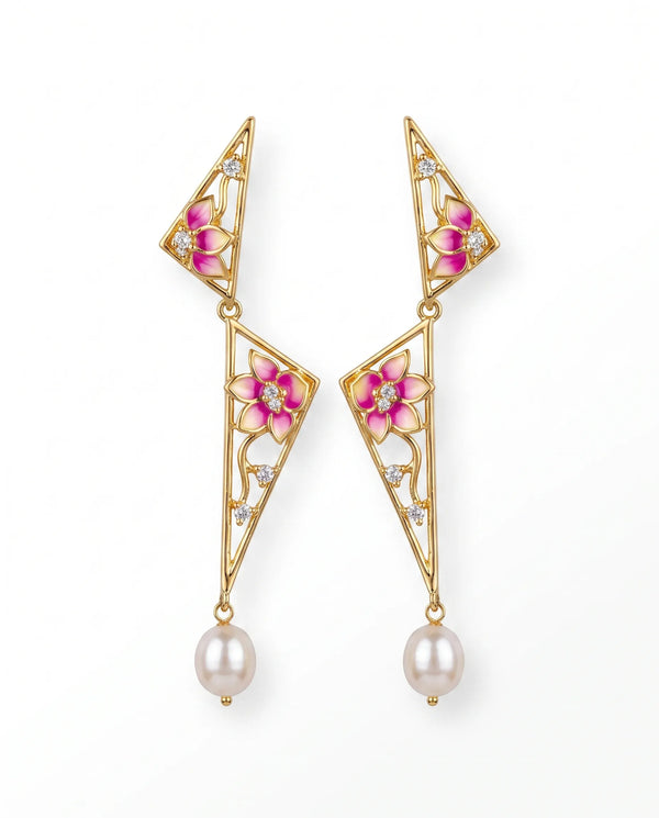 Pink Enamel Geometric Floral CZ & Pearl Dangle Earrings