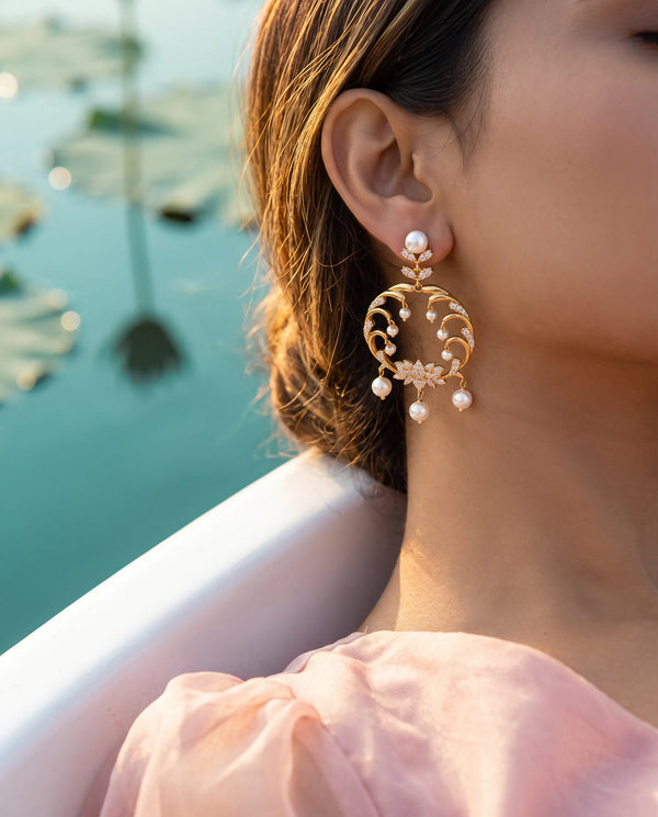 Floral CZ Pave Circular Chandbali Pearl Earrings