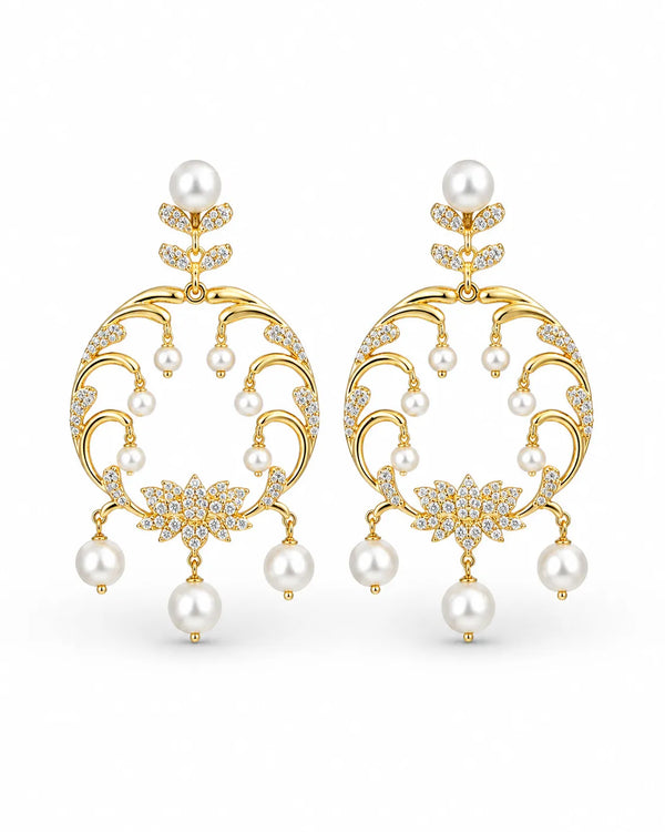 Floral CZ Pave Circular Chandbali Pearl Earrings