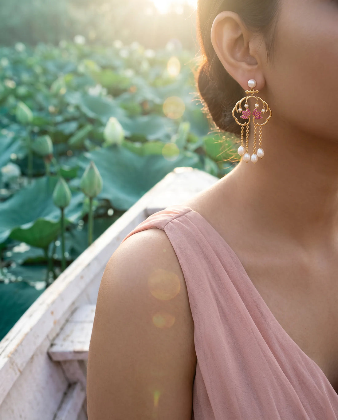Ruby CZ Butterfly Cloud Motif Pearl Tassel Earrings
