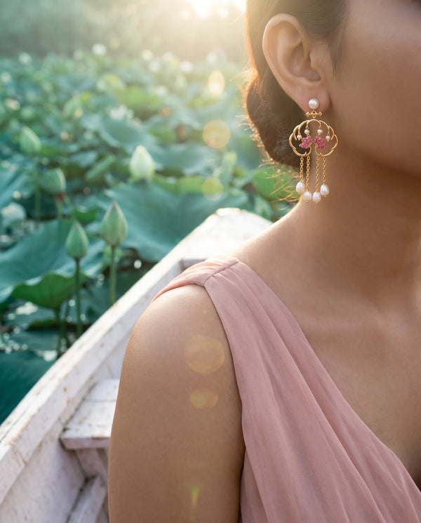 Ruby CZ Butterfly Cloud Motif Pearl Tassel Earrings
