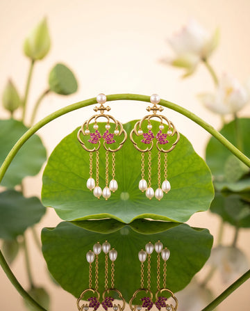 Ruby CZ Butterfly Cloud Motif Pearl Tassel Earrings
