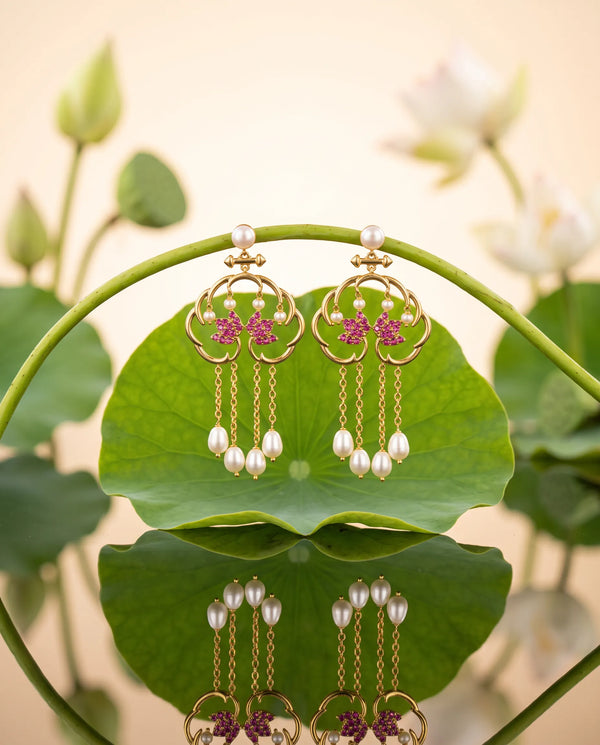 Ruby CZ Butterfly Cloud Motif Pearl Tassel Earrings
