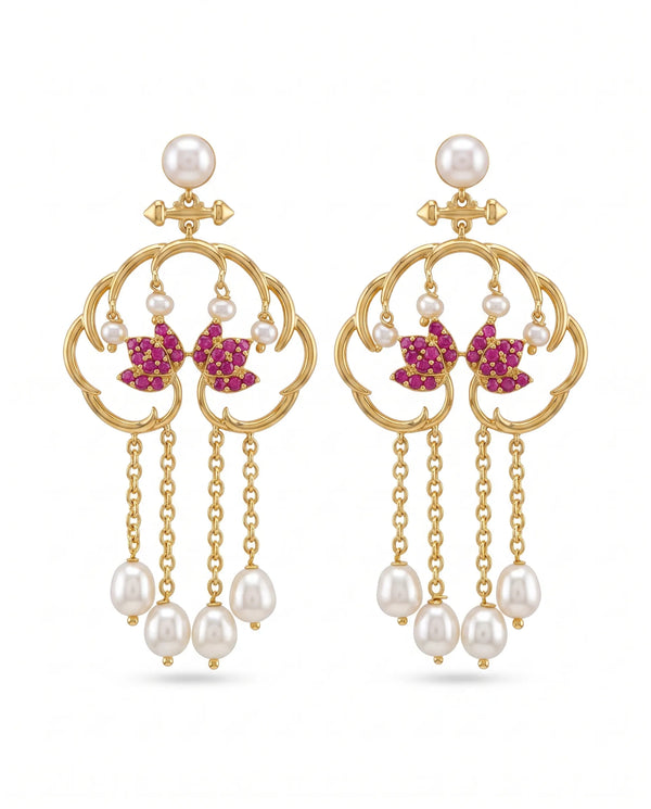 Ruby CZ Butterfly Cloud Motif Pearl Tassel Earrings