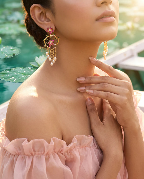 Ruby & Emerald CZ Floral Openwork Pearl Tassel Earrings