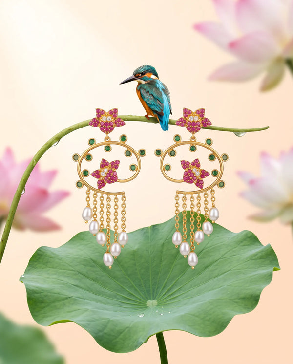 Ruby & Emerald CZ Floral Openwork Pearl Tassel Earrings