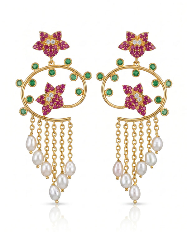Ruby & Emerald CZ Floral Openwork Pearl Tassel Earrings