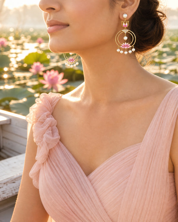 Pink Enamel Lotus Concentric Ring Pearl Chandbali Earrings