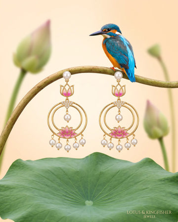 Pink Enamel Lotus Concentric Ring Pearl Chandbali Earrings