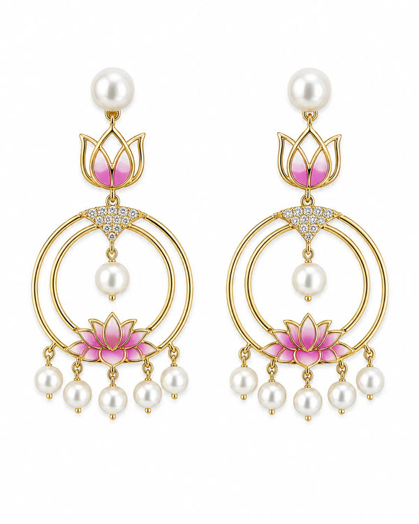 Pink Enamel Lotus Concentric Ring Pearl Chandbali Earrings