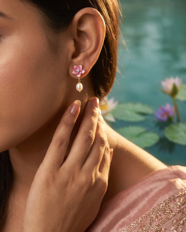 Pink Enamel Lotus CZ Pearl Drop Earrings