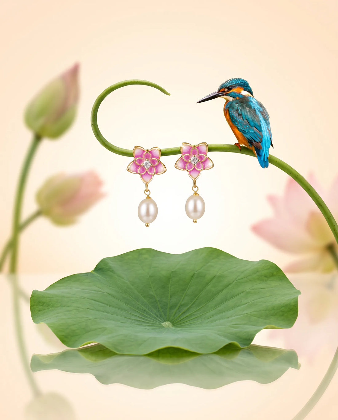Pink Enamel Lotus CZ Pearl Drop Earrings