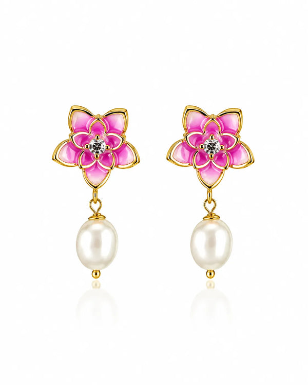 Pink Enamel Lotus CZ Pearl Drop Earrings