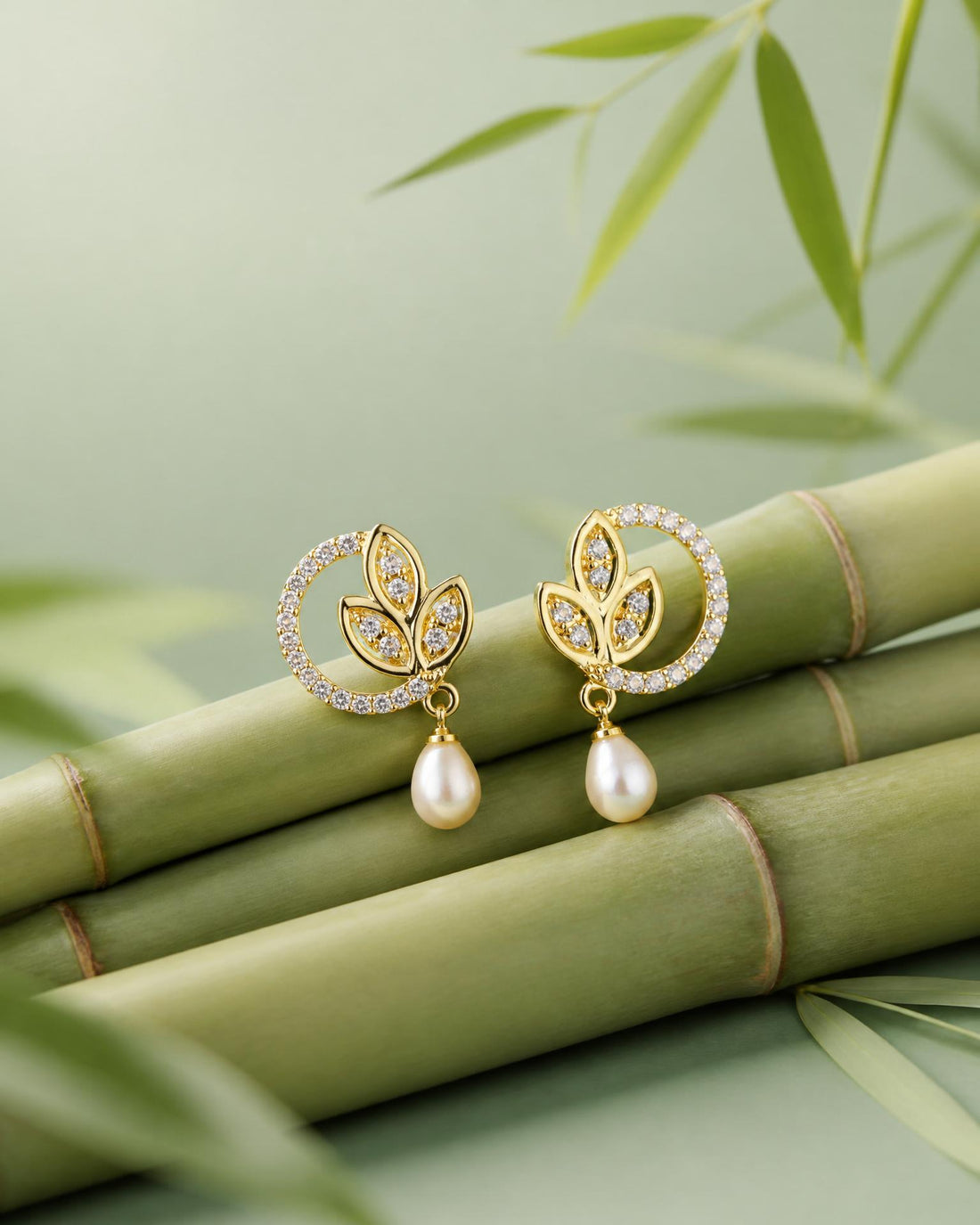 Elegant Leaf Motif Pearl Drops Earrings
