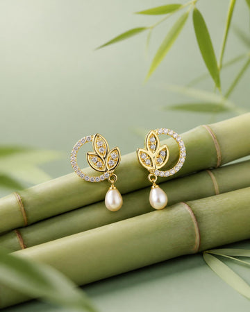 Elegant Leaf Motif Pearl Drops Earrings
