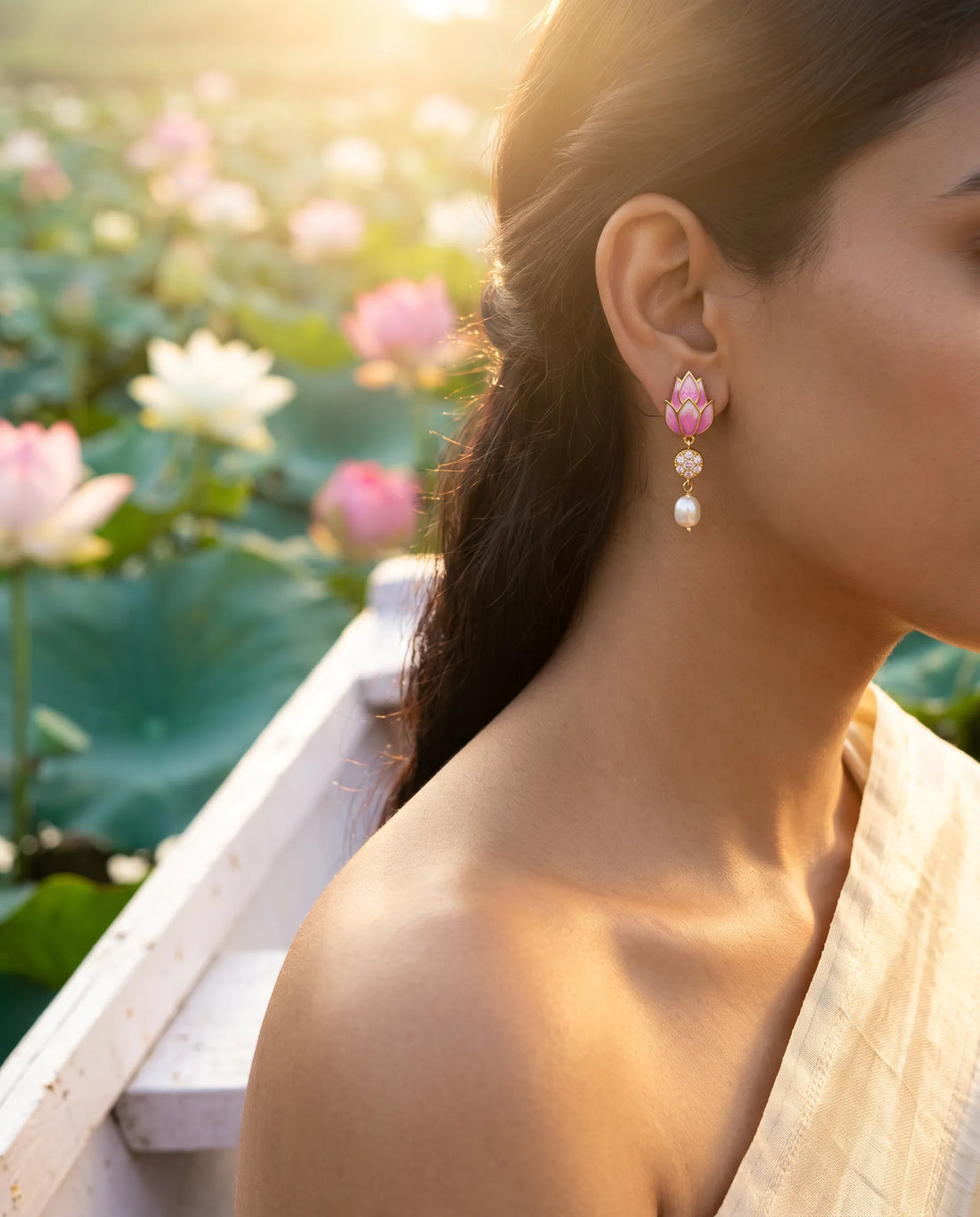 Pink Enamel Lotus Bud CZ & Pearl Drop Earrings