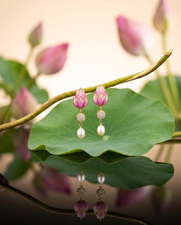 Pink Enamel Lotus Bud CZ & Pearl Drop Earrings