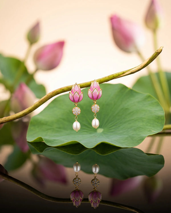 Pink Enamel Lotus Bud CZ & Pearl Drop Earrings