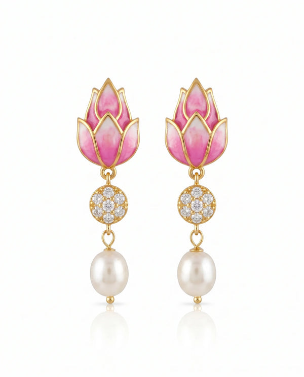 Pink Enamel Lotus Bud CZ & Pearl Drop Earrings