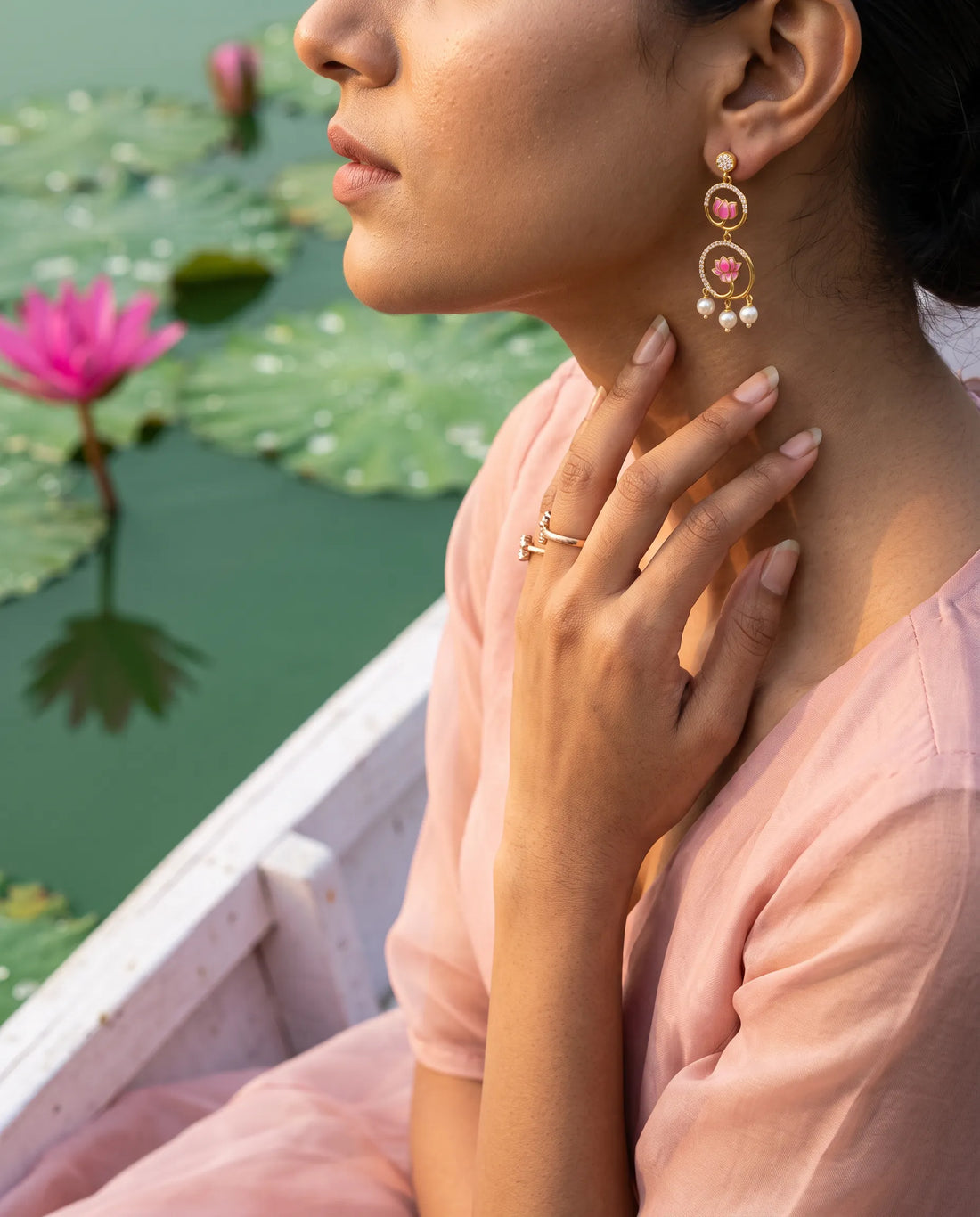 Pink Enamel Two-Tier Lotus Ring Pearl Drop Earrings
