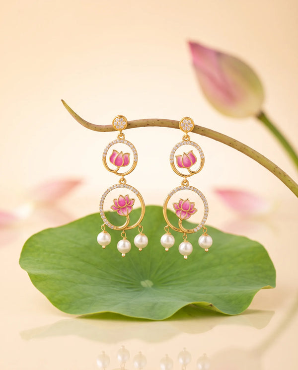 Pink Enamel Two-Tier Lotus Ring Pearl Drop Earrings